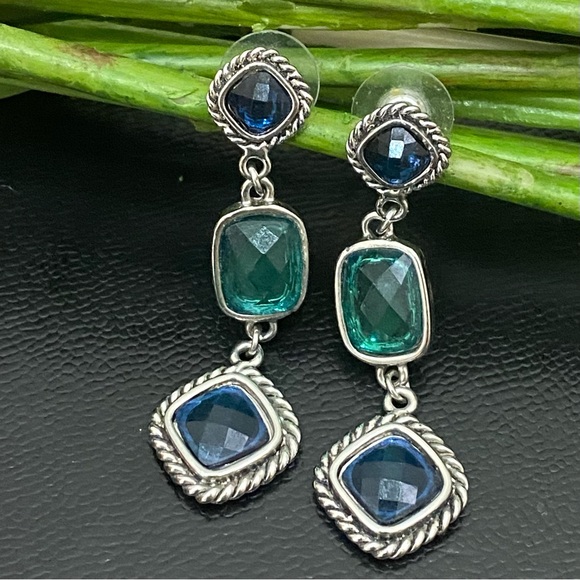 Unsigned Green & Blue Rhinestones Drop Dangle Earrings 11.5g - Picture 1 of 12